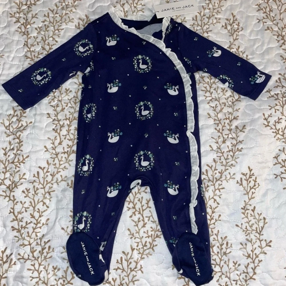 NWT Janie and Jack ruffle navy swan kimono onesie BABY size 0-3 6-9 months - Picture 3 of 6